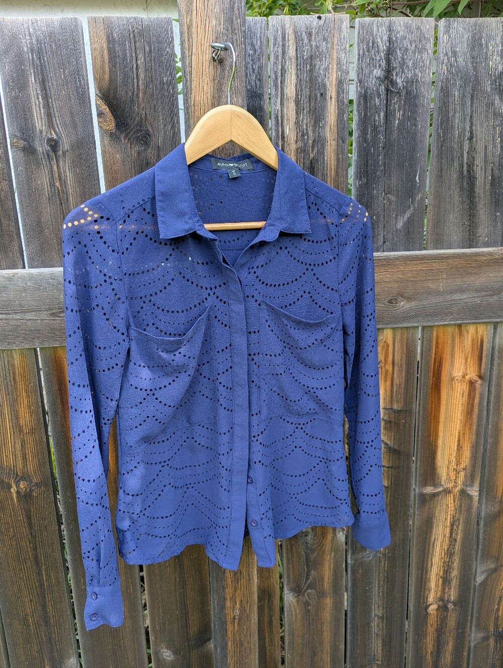 Anna Scott Navy Eyelet Button-Down Blouse